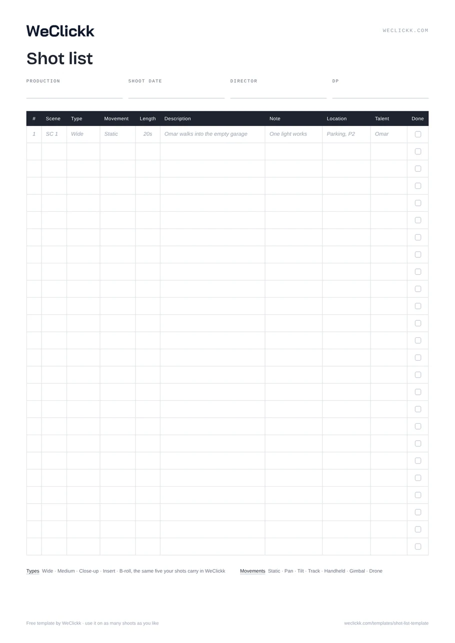 Preview of the free WeClickk shot list template with scene, shot type, movement, length, description, note, location and talent columns